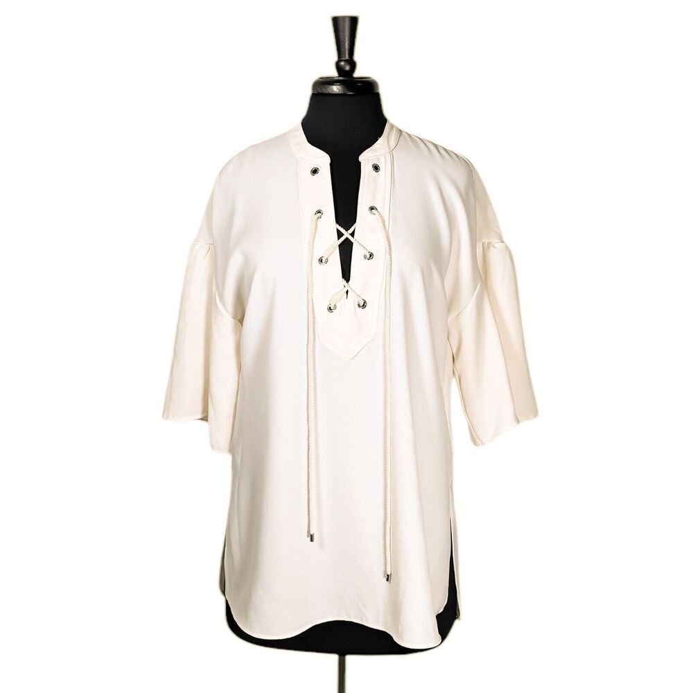 Ralph Lauren Black Label Womens Blouse Cream Drawstring Nautical Coastal Top M